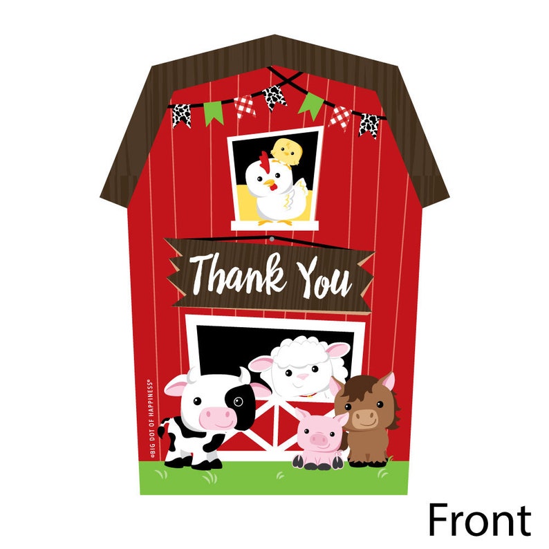 Set of 12 Farm Animals Barnyard Baby Shower or Birthday Party Thank You Note Cards with Envelopes Shaped Thank You Cards