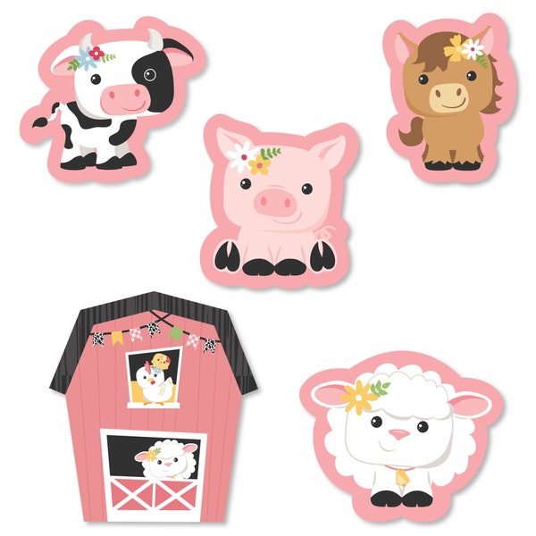 Girl Farm Animals - DIY Shaped Pink Barnyard Baby Shower or Birthday Party Cut-Outs - 24 Count