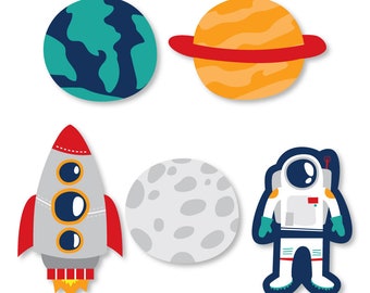 Small Blast Off to Outer Space Paper Cut Outs - Rocket Ship Baby Shower or Birthday Party Die Cut Decoration Kit - 24 pc.