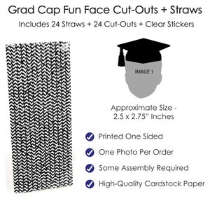 Grad Cap Fun Face Cutout Paper Straw Decor Custom Graduation Photo Head Cut Out Striped Decorative Straws Upload 1 Photo Set of 24 image 4