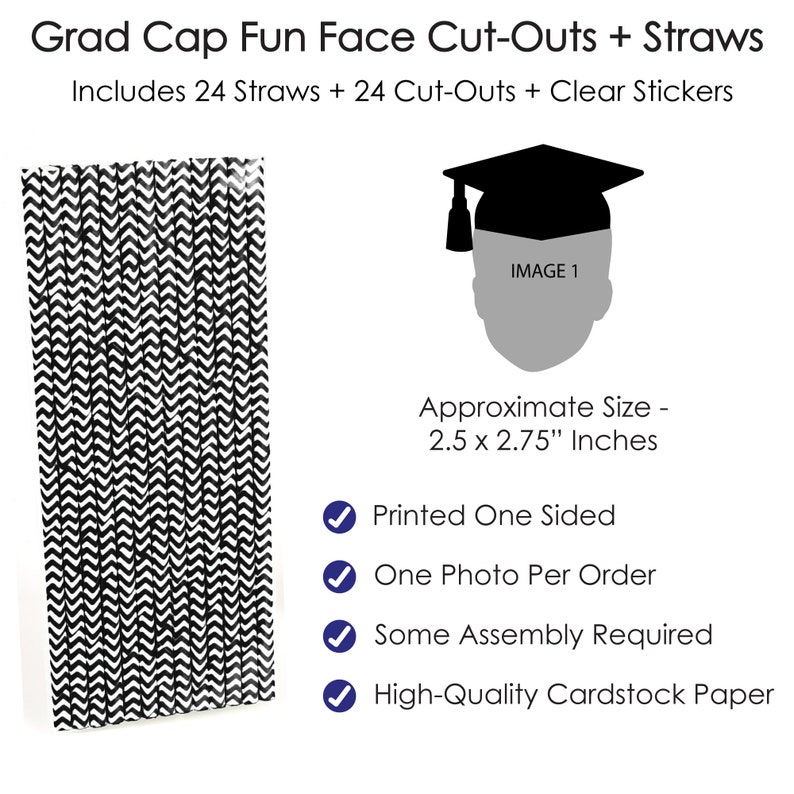 Grad Cap Fun Face Cutout Paper Straw Decor Custom Graduation Photo Head Cut Out Striped Decorative Straws Upload 1 Photo Set of 24 image 4