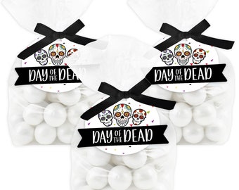 Day of the Dead - Halloween Sugar Skull Party Clear Goodie Favor Bags - Treat Bags With Tags - Set of 12