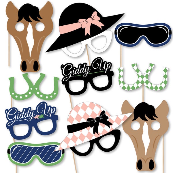 Kentucky Horse Derby Glasses/Masks/Headpieces - Paper Card Stock Horse Race Party Photo Booth Props Kit - 10 Count