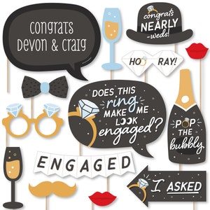 Just Engaged - Black and White - Personalized Engagement Party Photo Booth Props Kit - 20 Count