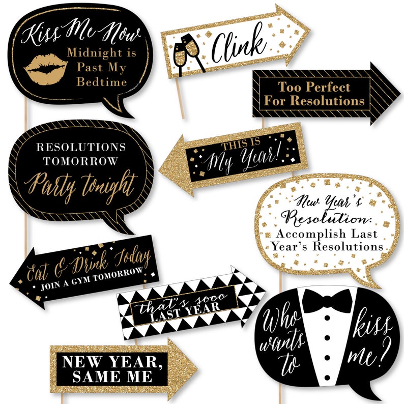Funny New Year's Eve - Gold - New Year's Party Photo Booth Props Kit - 10 Piece 