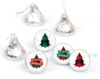Holiday Plaid Trees - Buffalo Plaid Christmas Party Round Candy Sticker Favors - Labels Fit Chocolate Candy (1 sheet of 108)