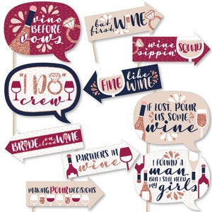 Funny Vino Before Vows - Winery Bridal Shower or Bachelorette Party Photo Booth Props Kit - 10 Piece