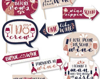 Funny Vino Before Vows - Winery Bridal Shower or Bachelorette Party Photo Booth Props Kit - 10 Piece