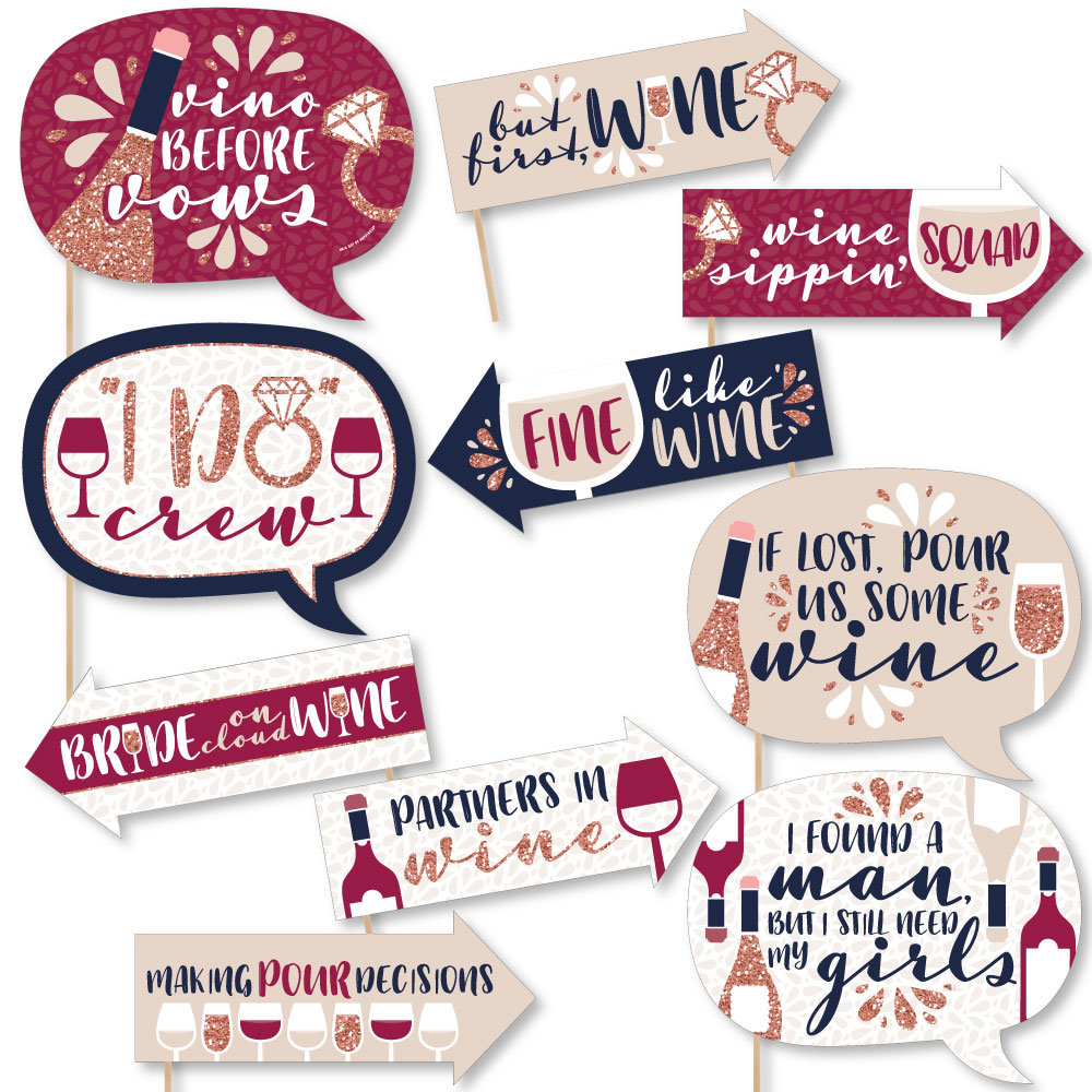 Funny Vino Before Vows Winery Bridal Shower or Bachelorette Party Photo Booth Props Kit 10 Piece