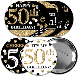 Adult 50th Birthday - Gold - 3 inch Birthday Party Badge - Pinback Buttons - Set of 8