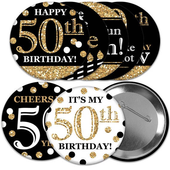 Adult 50th Birthday - Gold - 3 inch Birthday Party Badge - Pinback Buttons - Set of 8 Il_570xn