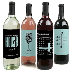 Home Sweet Home - Wine Bottle Labels Housewarming Gift - Gift Idea for Real Estate Brokers - Wine Lover Gifts for Women and Men - Set of 4
