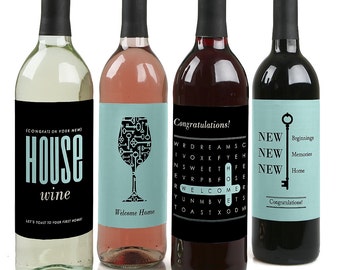 Home Sweet Home - Wine Bottle Labels Housewarming Gift - Gift Idea for Real Estate Brokers - Wine Lover Gifts for Women and Men - Set of 4