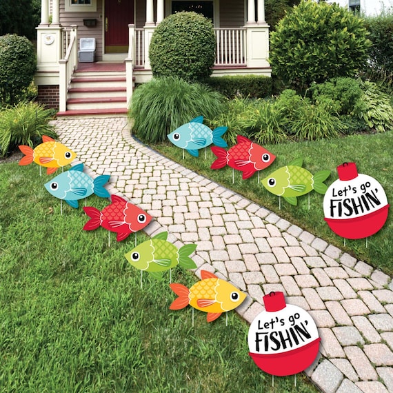 Lets Go Fishing Bobber Lawn Decorations Outdoor Fish Themed Birthday Party  or Baby Shower Yard Decorations 10 Piece 
