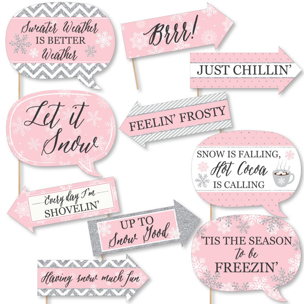Funny Pink Winter Wonderland Holiday Snowflake Birthday Party and Baby Shower Photo Booth Props Kit 10 Piece