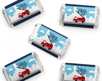 Fired Up Fire Truck - Mini Candy Bar Wrappers - Firefighter Firetruck Baby Shower & Birthday Party Chocolate Miniature Candy Bar Label 40 Ct