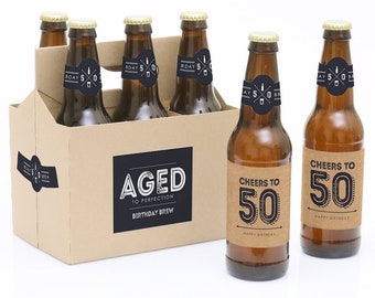 50th Milestone Birthday - Decorations for Women and Men - 6 Beer Bottle Labels & 1 Carrier - Gifts for Men