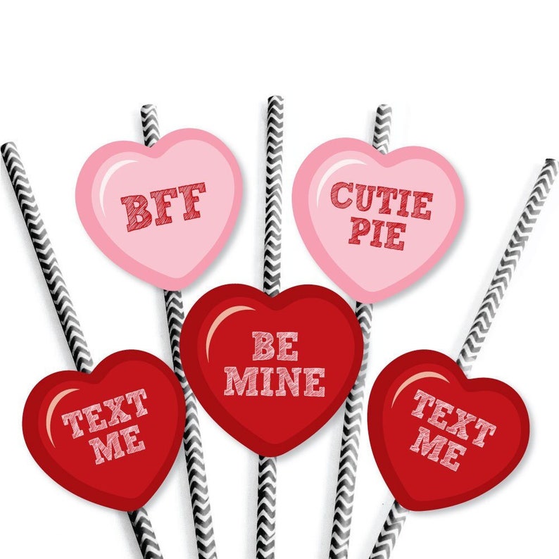 Conversation Hearts Valentine's Day Party Die-Cut Straw Decorations Valentine's Day Paper Cut-Outs & Striped Paper Straws Set of 24 image 5