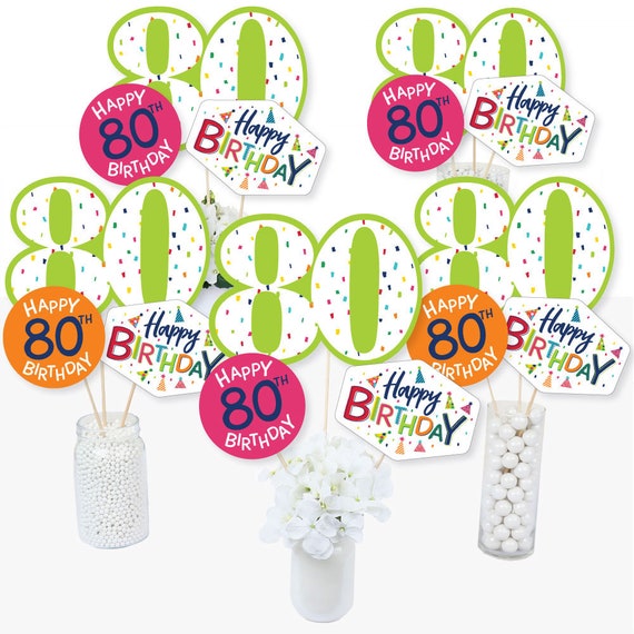 80th Birthday Cheerful Happy Birthday Centerpiece Sticks Colorful Birthday Party Table Toppers Centerpiece Party Supplies 15 Ct By Big Dot Of Happiness Catch My Party