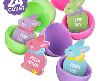 Colorful Easter Egg Hunt Token Stuffers, 24 Count Bunny Shape Easter Egg Filler Tokens with Fun Rewards for Kids, Reusable Easter Activity
