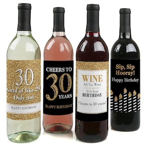 Adult 30th Birthday - Gold - Birthday Party Gift for Women and Men - Wine Bottle Label Stickers - Set of 4