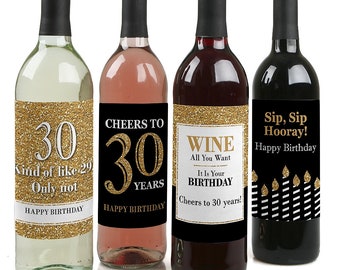 Adult 30th Birthday - Gold - Birthday Party Gift for Women and Men - Wine Bottle Label Stickers - Set of 4