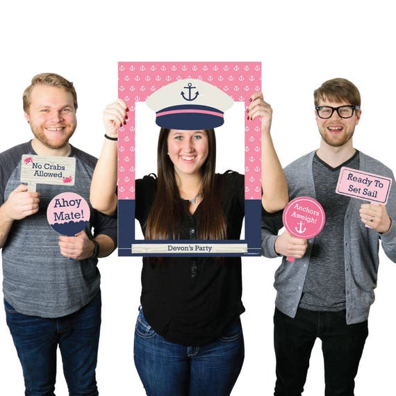 Ahoy - Nautical Girl - Personalized Birthday Party or Baby Shower Selfie Photo Booth Picture Frame & Props - Printed on Sturdy Material Il_570xn