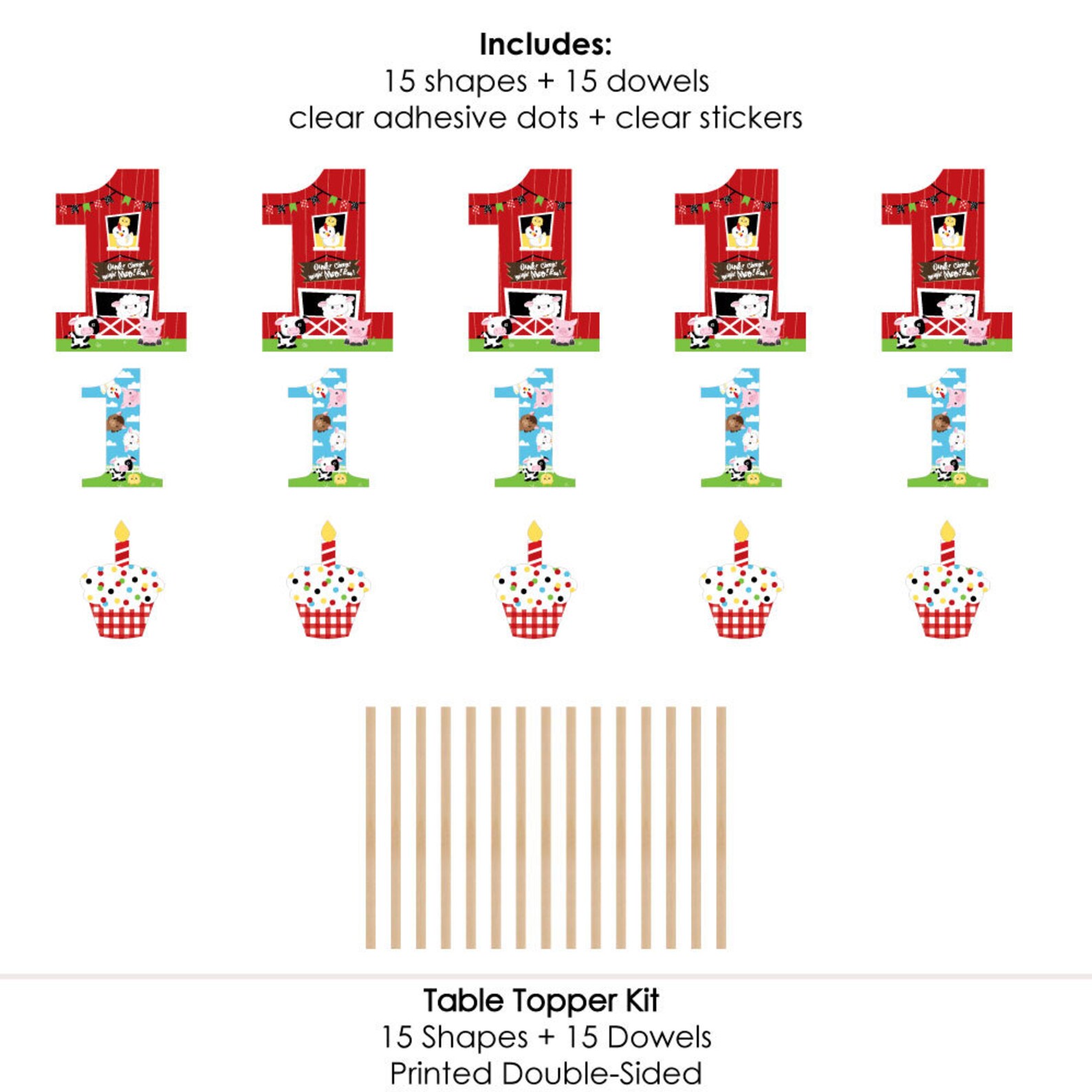 1st Birthday Farm Animals Table Topper Centerpiece Set - 15 Pieces With Sticks, Barnyard Theme Party Decor - View #2