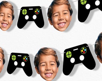 Guirnalda de caras recortadas de videojuegos de píxeles personalizados, decoración personalizada para fiesta de cumpleaños de gamer, 5 recortes de caras con fotos, 5 formas de control