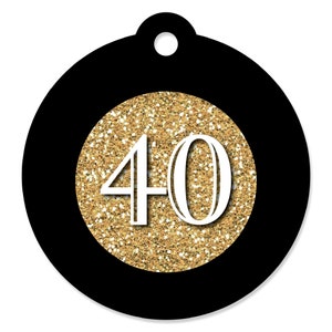 May include: Black and gold round tag with the number 40 in white. The tag has a hole at the top for hanging.