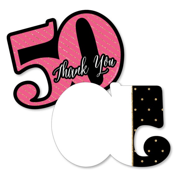 Chic 50th Birthday - Pink, Black and Gold - Shaped Thank You Cards - Birthday Party Thank You Note Cards with Envelopes - Set of 12 Il_570xn