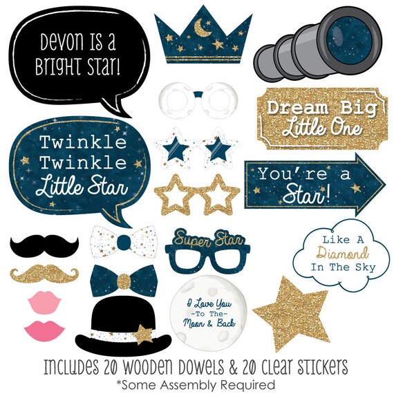 20 Twinkle Twinkle Little Star Blue and Gold - Photo Booth Props - Kit with Mustache, Hat, Bow Tie, Glasses and Custom Talk Bubble Il_570xn