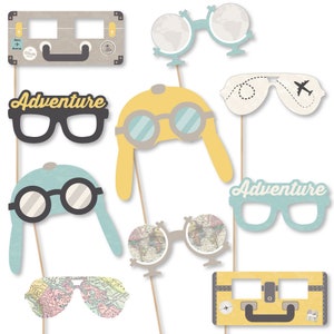 World Awaits- Travel Themed Party Glasses - Graduation Photo Booth Accessories - Fun Selfie Card Stock Paper Retirement Party Props - 10 Pc