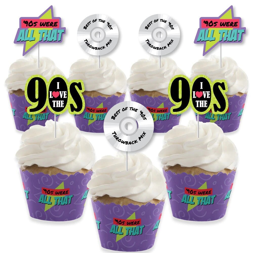 90s Throwback 1990s Party Supplies Nineties Party Cupcake Wrappers and Treat Picks Kit I Love the 90s Hip Hop Party Set of 24