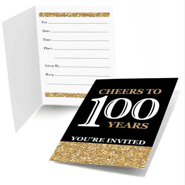 100th Birthday Fill In Invites - Adult 100th Birthday - Gold Invitations - Birthday Party Invites - Set of 8 Folding Note Cards w/Envelopes