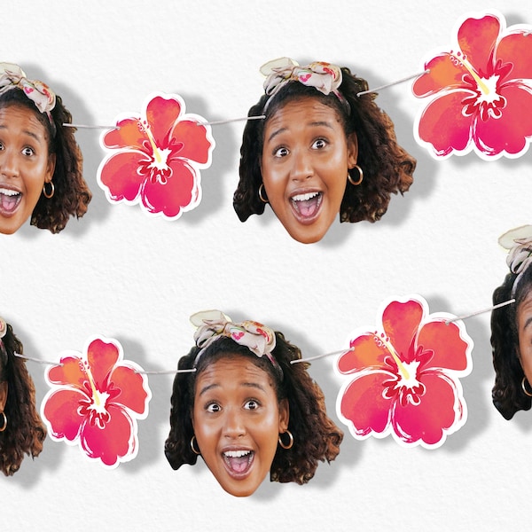 Custom Hawaiian Luau Face Cut Out Garland Banner, Personalized Tropical Birthday, 30 Feet of Cord, 5 Photo Face Cutouts, 5 Hibiscus Flowers