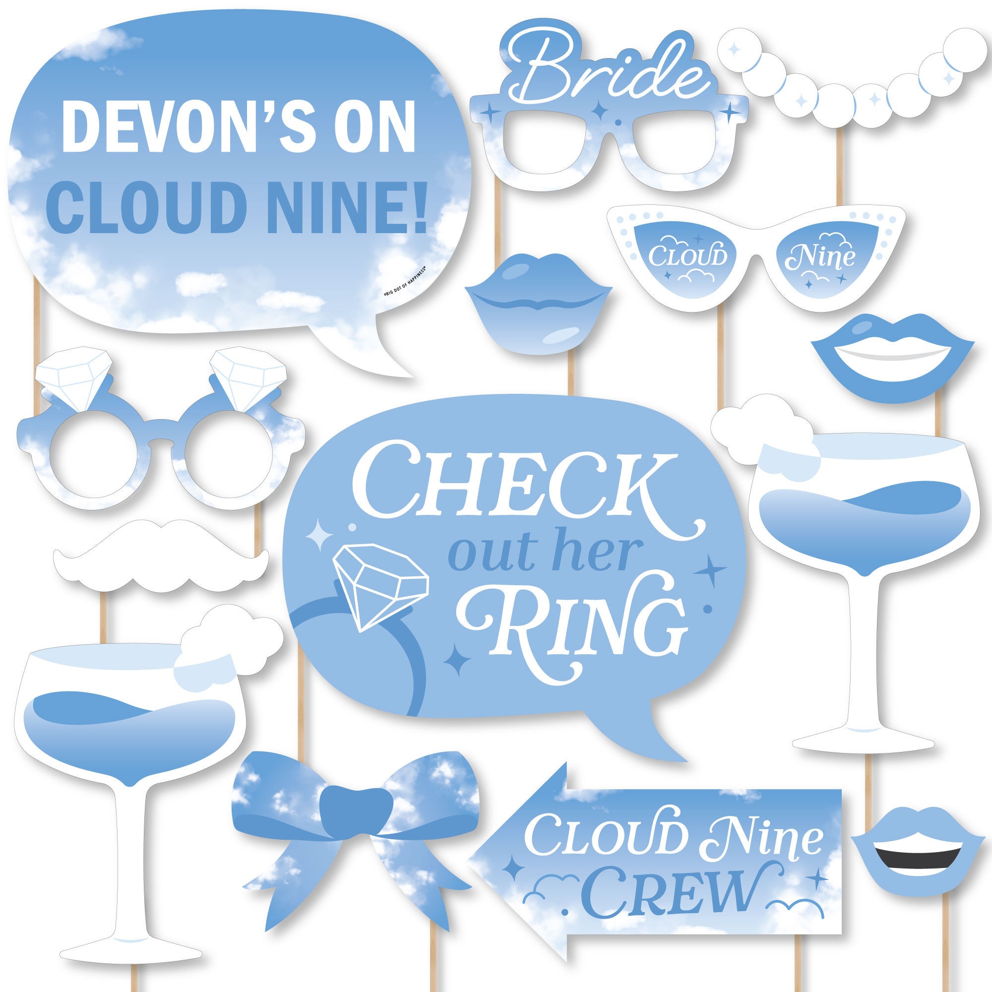Custom On Cloud 9 - Photo Booth Props - Personalized Bridal or Bachelorette Party Supplies - 20 Selfie Props