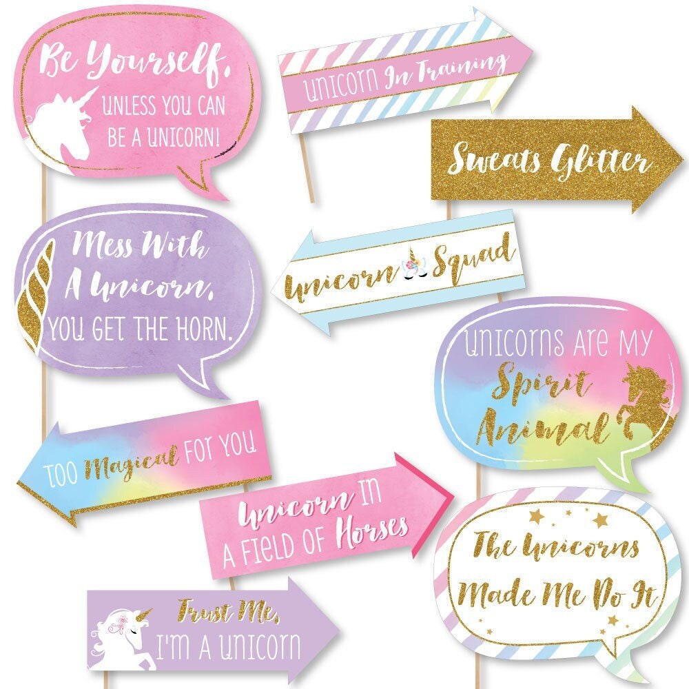 Rainbow Unicorn Photo Booth Props Magical Unicorn Photo Booth Prop Kit Unicorn Party Selfie Props Glitter Unicorn Props 10 pc