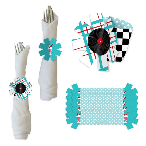 50’s Sock Hop - 1950s Rock N Roll Party Paper Napkin Holder - Napkin Rings - Set of 24