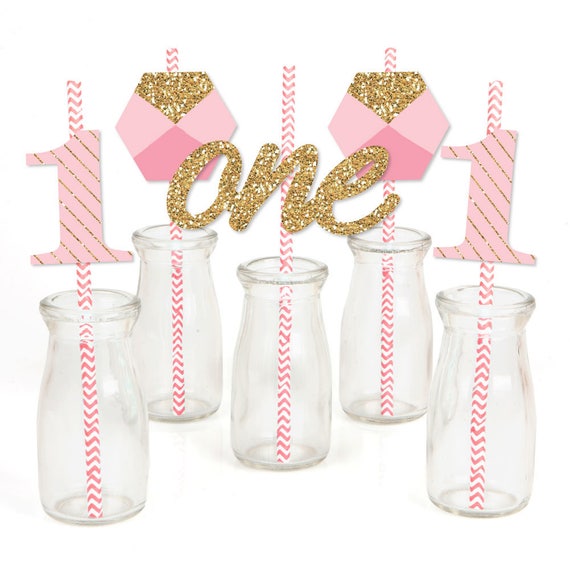 Fun to be One- 1st Birthday Girl - Die-Cut Straw Decorations - First Birthday Party Paper Cut-Outs & Striped Paper Straws - Set of 24 Il_570xn