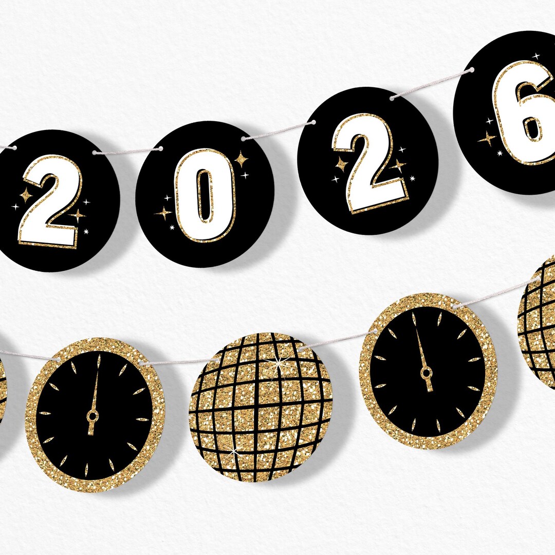 Hello New Year Garland Banner, 2026 New Year's Eve Black & Gold Decor ...