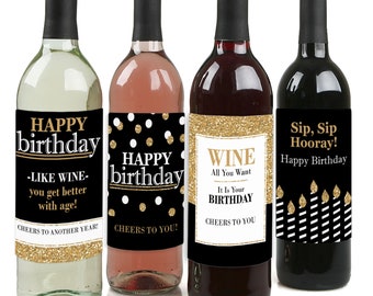 Adult Happy Birthday - Gold - Birthday Party Gift for Women and Men - Wine Bottle Labels - Set of 4