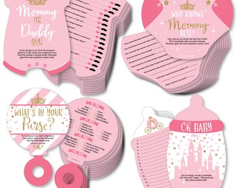 Little Princess Crown - 4 Pink and Gold Princess Baby Shower Games - 10 Cards Each - Gamerific Bundle