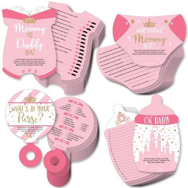Little Princess Crown - 4 Pink and Gold Princess Baby Shower Games - 10 Cards Each - Gamerific Bundle