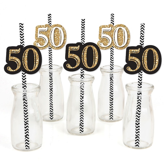 50th Birthday - Die-Cut Straw Decorations - Birthday Party Paper Cut-Outs & Striped Paper Straws - Adult 50th Birthday - Gold - Set of 24 Il_570xn