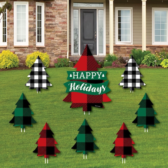 Holiday Plaid Trees - Yard Sign and Outdoor Lawn Decorations - Buffalo Plaid Christmas Party Yard Signs - Set of 8 Il_570xn
