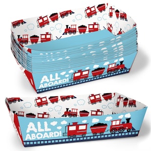 May include: Stack of rectangular paper trays with a train theme. The trays feature a blue border with the text "ALL ABOARD!" and a repeating pattern of red trains, coal cars, and white clouds on a white background.
