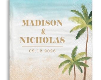 Personalized Beach Wedding Party Napkins, Custom Party Decorations, White 3-Ply Paper Beverage or Luncheon Napkins - 50 or 150 Count