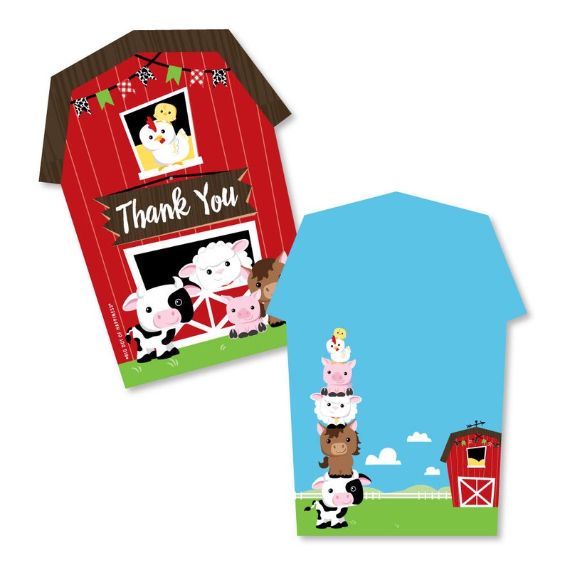 Set of 12 Farm Animals Barnyard Baby Shower or Birthday Party Thank You Note Cards with Envelopes Shaped Thank You Cards