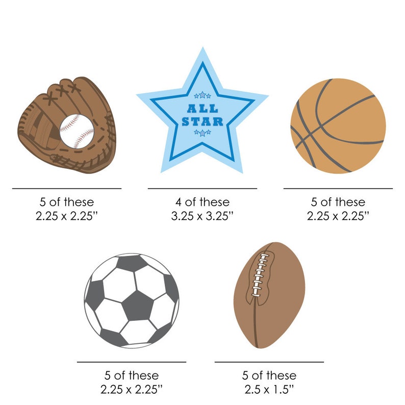 Small All Star Sports DIY Shaped Paper Cut Outs 24 pc Baby Shower or Birthday Party Die Cut Decoration Kit